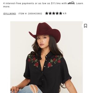 Idyllwind Black Shirt with Red Floral Embroidery and Burgundy Hat